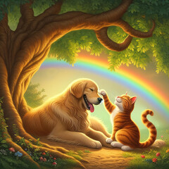 A cat pats a happy dog with its paw, sitting in nature under a rainbow
