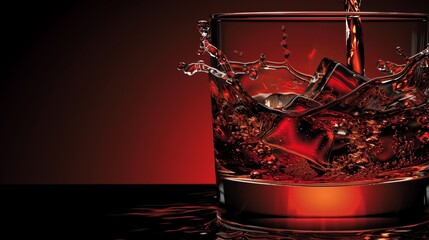   A tight shot of a glass filled with water against a backdrop of red and black, with droplets cascading from its rim