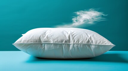   A white pillow atop a blue floor Nearby, a second pillow releases a cloud of smoke