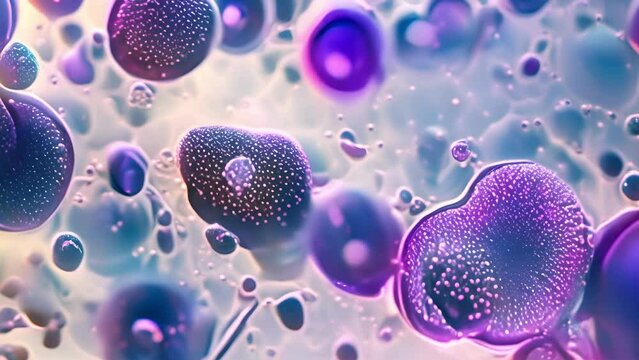 Microscopic view of cells in petri dish. Cellular structures magnified. Colonies of viruses and bacteria. Concept of biology, medical research, science, laboratory studies. Motion