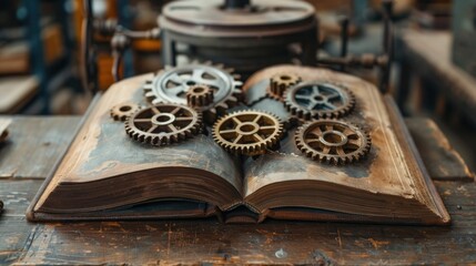 A book with gears inside it, illustrating mechanical engineering education - obrazy, fototapety, plakaty