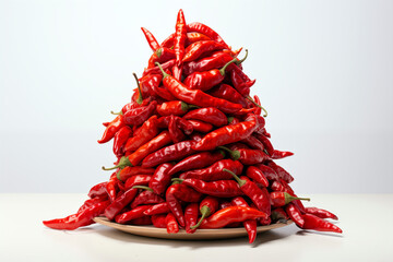 Pile of red hot chili peppers on white background