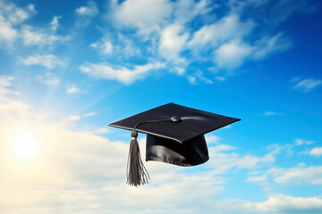 Graduation cap on blue sky background. Education concept.