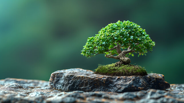 Serene Bonsai Tree Display on a Rocky Surface with a Green Blurred Background