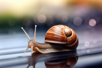 Snail crawling on the table with bokeh background.
