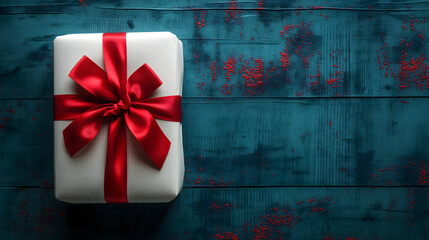 Fototapeta premium Elegant White Gift Wrapped with a Red Satin Ribbon on a Textured Blue Background