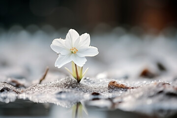White flower on the ice in the rain. Selective focus.