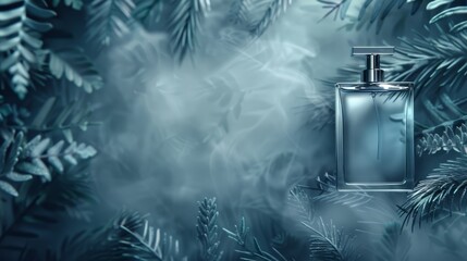   A bottle of cologne atop a pine tree against a leafy, green backdrop with gentle snowflakes