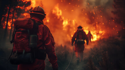 Naklejka premium Brave Firefighter Standing Against Roaring Wildfire Flames