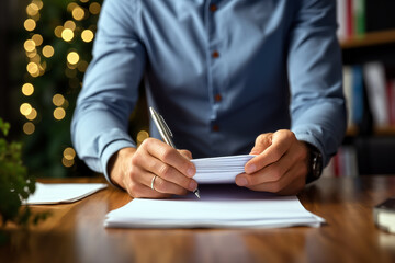 business, people and office concept, close up of businessman writing in notebook at office