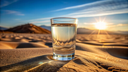 Glass of water on desert background - obrazy, fototapety, plakaty