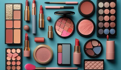The image contains various makeup products laid out on a brown surface including eyeshadow palettes, lipstick, blush, eyeliner, mascara, and makeup brushes.

 - obrazy, fototapety, plakaty