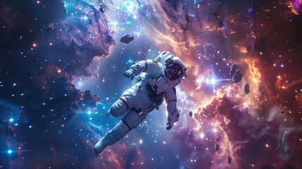 Astronaut in a space suit with the cosmos reflected in the visor against a backdrop of interstellar space