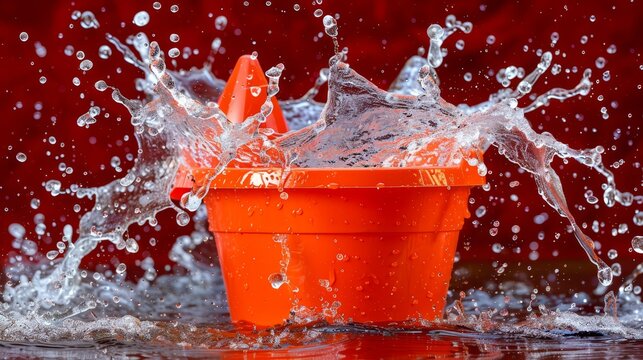  A red backdrop conceals an orange bucket overflowing with water Water cascades from both