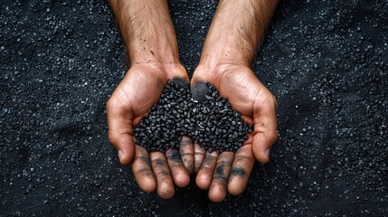   A person's hands hold a handful of black seeds against a dark surface, speckled with dirt