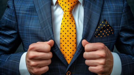   A tight shot of a man in a suit, wearing a yellow tie and a pocket square adorned with polka dots on his lapel