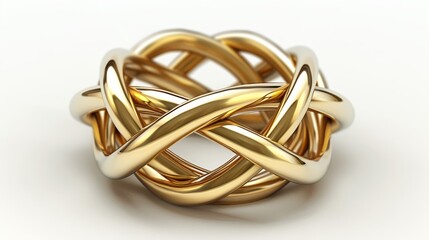   A gold ring sits on a white surface, featuring a central knot and a smaller knot in its middle