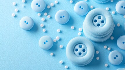   A collection of blue and white buttons arranges on a blue backdrop, each topped with white dot accents at their bases
