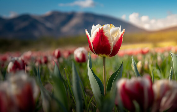 Red and white tulip flower in a field closeup with aky and mountains in the background