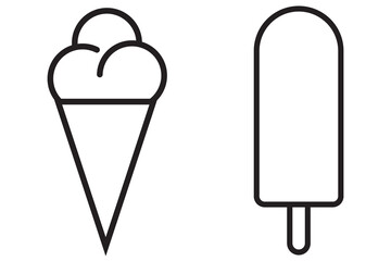 Ice cream icon set with line. Ice cream silhouette, icon set design. Ice cream cone wafer filled with cartoon, vector illustration. Simple, flat ice cream cone icon and symbol, vector.