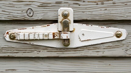   A tight shot of a white door handle against a weathered wooden door, revealing peeling paint on its exterior