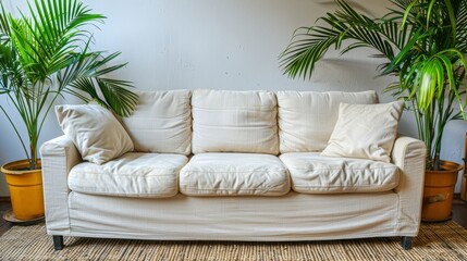  A white couch sits in a living room, adjacent to several potted plants atop a rug