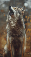 Naklejka premium Majestic Wolf Gazing Skyward in Autumn Wilderness