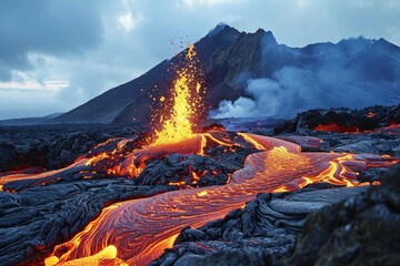 Lava flow flows down the mountain, Frightening dangerous landscape, Ai generated