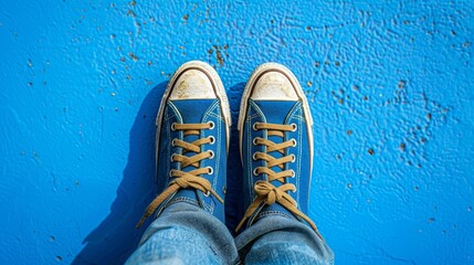   A person clads in blue jeans and brown shoelaces faces a blue wall, donning blue tennis shoes