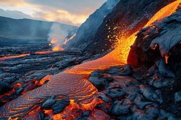 Obraz premium Lava flow flows down the mountain, Frightening dangerous landscape, Ai generated