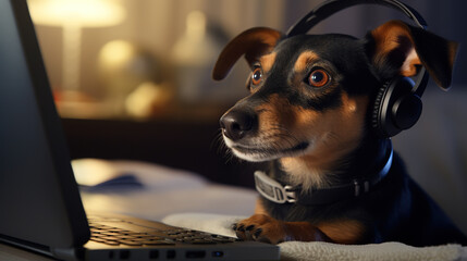 Dog works with the laptop. Remote work or freelance concept with funny puppy.