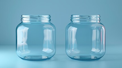   Two glass jars situated next to one another on a blue backdrop A light blue wall lies in the background