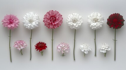   A row of flowers, each with hues of pink, white, and red, is arranged on a pristine white surface