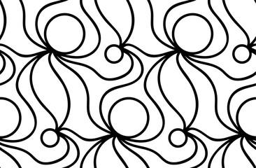 Abstract vector seamless floral background of doodle hand drawn lines. Monochrome wave pattern. Coloring book page. Black white wallpaper.