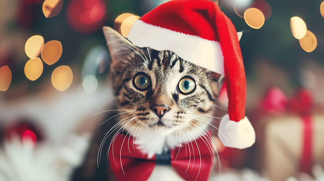 a festive cat with green and blue eyes, a pink nose, and long white whiskers wearing a santa hat an