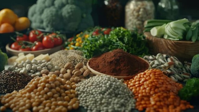 A variety of colorful vegetables and beans are displayed on a table