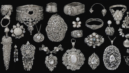 A collection of antique silver jewelry is displayed on a black velvet background.

 - obrazy, fototapety, plakaty