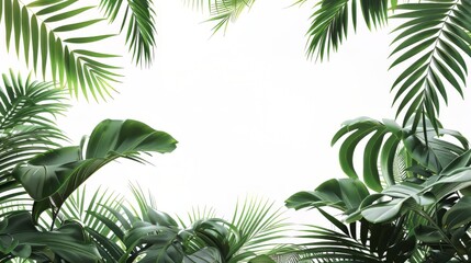 Fototapeta premium A lush green jungle with palm trees and leaves. The image is a beautiful and serene representation of nature