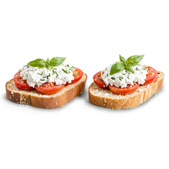 Breakfast bruschetta golden toast topped with ricotta sliced tomatoes and fresh basil leaves with bals