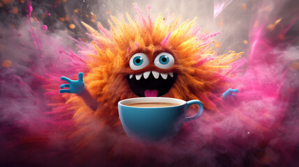 Coffee monster with crazy eyes. Cute character with caffeine energy, very excited. - 795550725