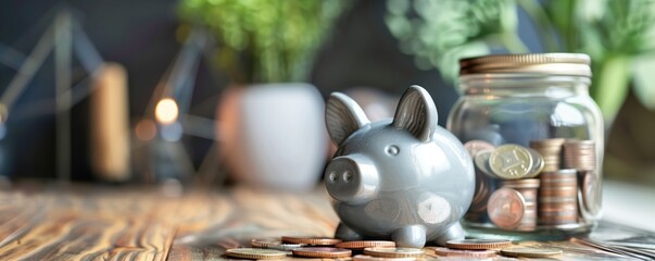 Gray piggy bank surrounded by coins