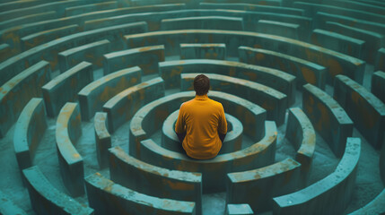 A man is sitting in the middle of a labyrinth. 3d rendering - obrazy, fototapety, plakaty