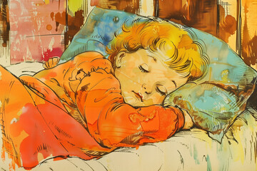 Sleeping girl in the bed. Illustration of a child
