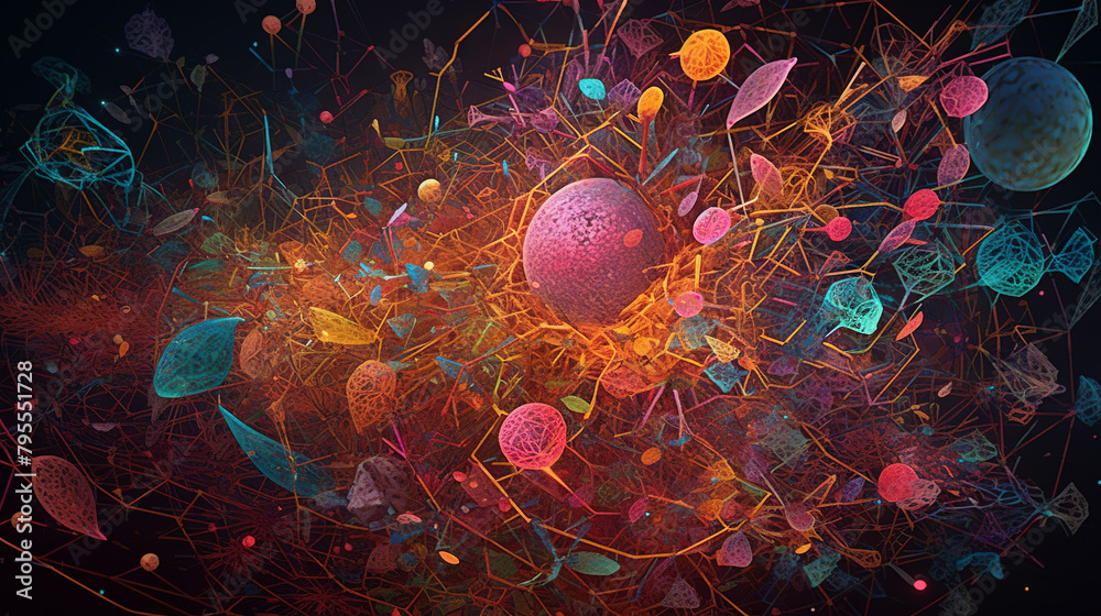Aufkleber abstract scientific concept with connected cells and particles. science microscopic background.