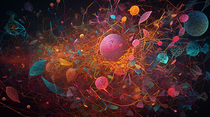 Abstract scientific concept with connected cells and particles. Science microscopic background. - 795551728