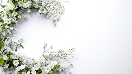 communion wreath on a white background. Delicate flowers arranged on a white table with space for text
