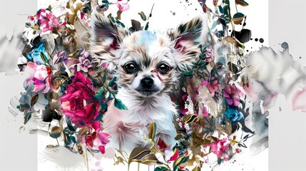 A watercolor painting of a chihuahua with a flower crown. - obrazy, fototapety, plakaty