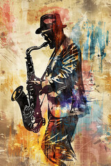American Jazz Musician Saxophone Grunge Background Illustration. Generative AI - obrazy, fototapety, plakaty