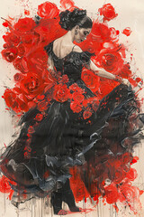 Spanish flamenco dancer in flamenco dress with red flowers. Illustration poster. Ai generative. - obrazy, fototapety, plakaty