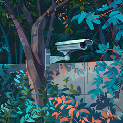 Illustration of a security camera surveilling a public area for safety and surveillance. - obrazy, fototapety, plakaty